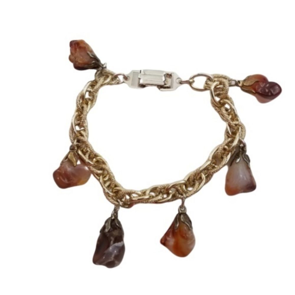 Rock Bracelet Gold Tone Chain‎ Charm Polished Brown
